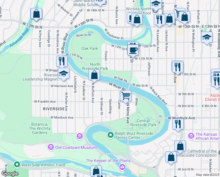 map of restaurants, bars, coffee shops, grocery stores, and more near 1100 West Riverside Avenue in Wichita
