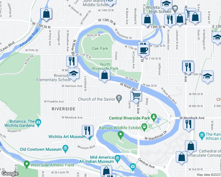 map of restaurants, bars, coffee shops, grocery stores, and more near 1204 West Riverside Avenue in Wichita