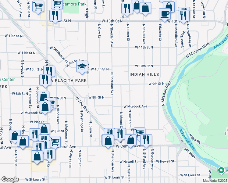 map of restaurants, bars, coffee shops, grocery stores, and more near 912 North Sheridan Street in Wichita