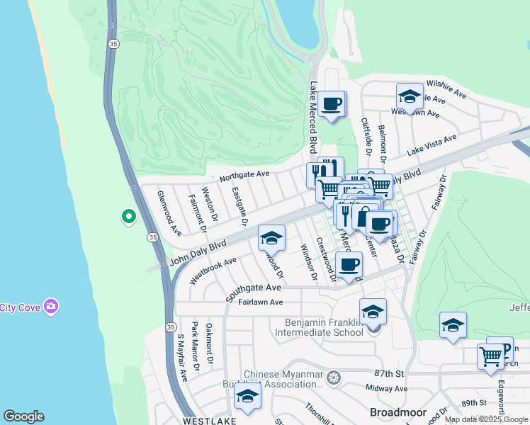 map of restaurants, bars, coffee shops, grocery stores, and more near 159 Glenwood Avenue in Daly City