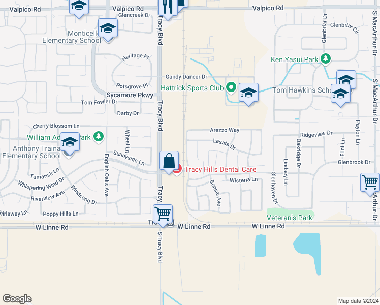 map of restaurants, bars, coffee shops, grocery stores, and more near 4192 Regis Drive in Tracy