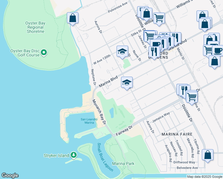 map of restaurants, bars, coffee shops, grocery stores, and more near 2621 West Avenue 133rd in San Leandro