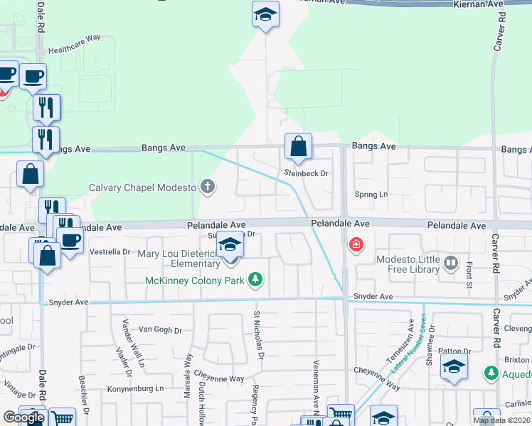 map of restaurants, bars, coffee shops, grocery stores, and more near 4204 Laguna Seca Court in Modesto