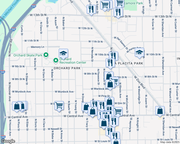 map of restaurants, bars, coffee shops, grocery stores, and more near 4308 West 8th Street North in Wichita