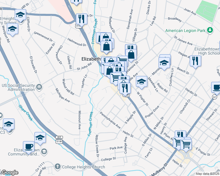 map of restaurants, bars, coffee shops, grocery stores, and more near 510A Washington Street in Elizabethtown