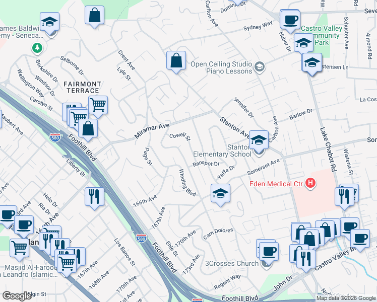 map of restaurants, bars, coffee shops, grocery stores, and more near 16637 Cowell Street in San Leandro