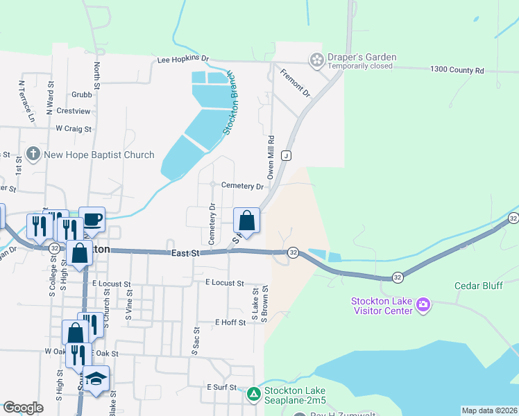 map of restaurants, bars, coffee shops, grocery stores, and more near 405 South Highway J in Stockton