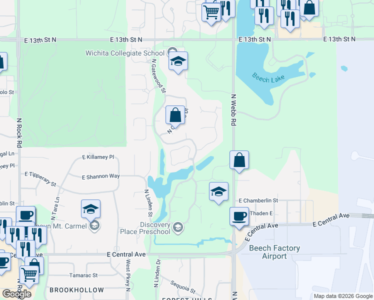 map of restaurants, bars, coffee shops, grocery stores, and more near 9101-9299 E Killarney St in Wichita