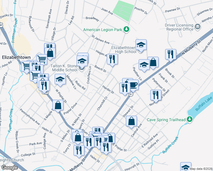 map of restaurants, bars, coffee shops, grocery stores, and more near 501-599 Henry St in Elizabethtown