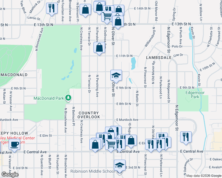 map of restaurants, bars, coffee shops, grocery stores, and more near 957 North Oliver Street in Wichita