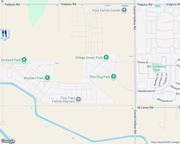 map of restaurants, bars, coffee shops, grocery stores, and more near 2423 Augusta Avenue in Tracy