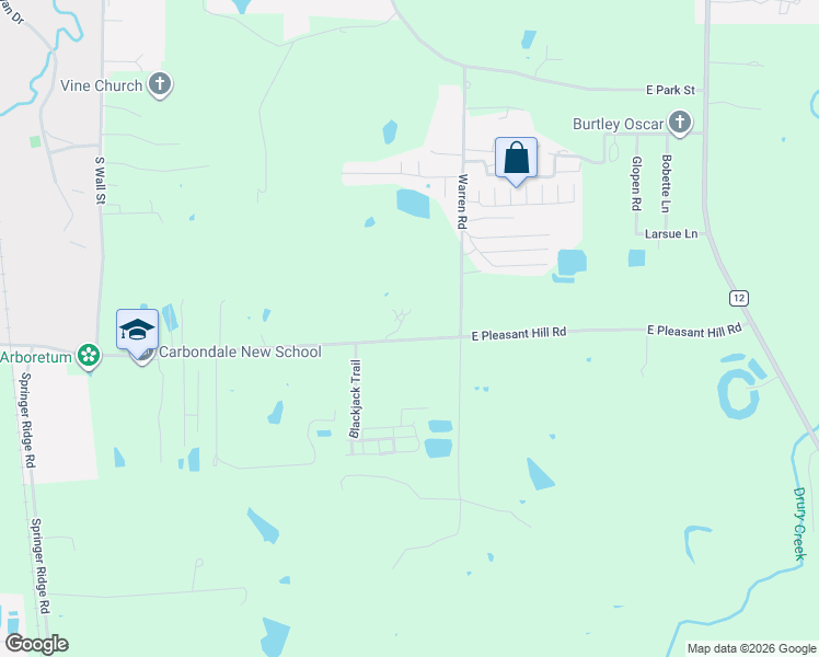 map of restaurants, bars, coffee shops, grocery stores, and more near 1875 Pleasant Woods Circle in Carbondale