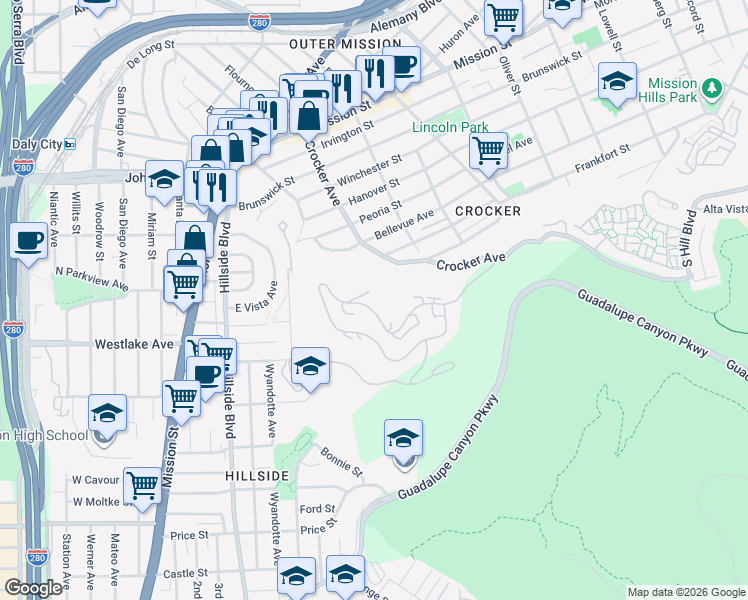 map of restaurants, bars, coffee shops, grocery stores, and more near 580 Pointe Pacific Drive in Daly City