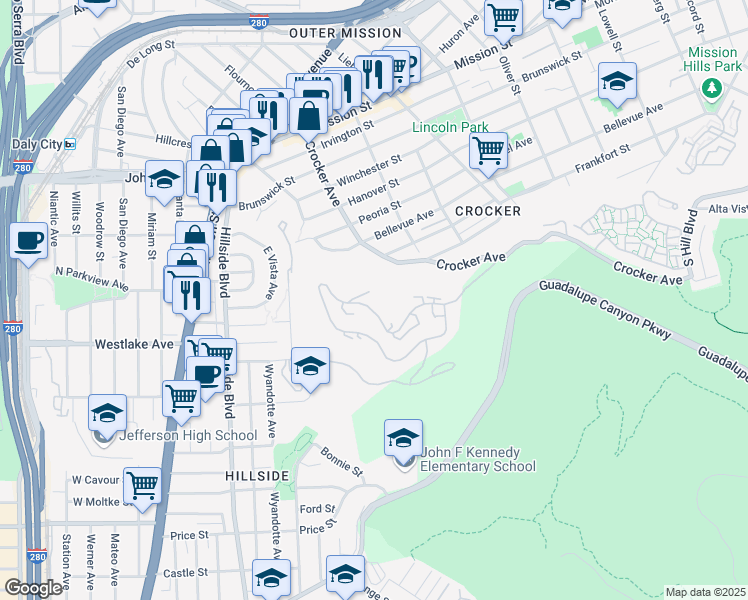 map of restaurants, bars, coffee shops, grocery stores, and more near 580 Pointe Pacific Drive in Daly City