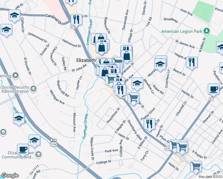 map of restaurants, bars, coffee shops, grocery stores, and more near 508 West Dixie Avenue in Elizabethtown