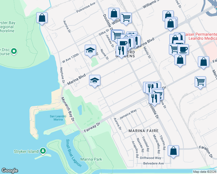 map of restaurants, bars, coffee shops, grocery stores, and more near 2440 West Avenue 134th in San Leandro