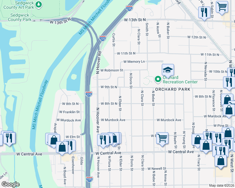 map of restaurants, bars, coffee shops, grocery stores, and more near 919 North Elder Street in Wichita