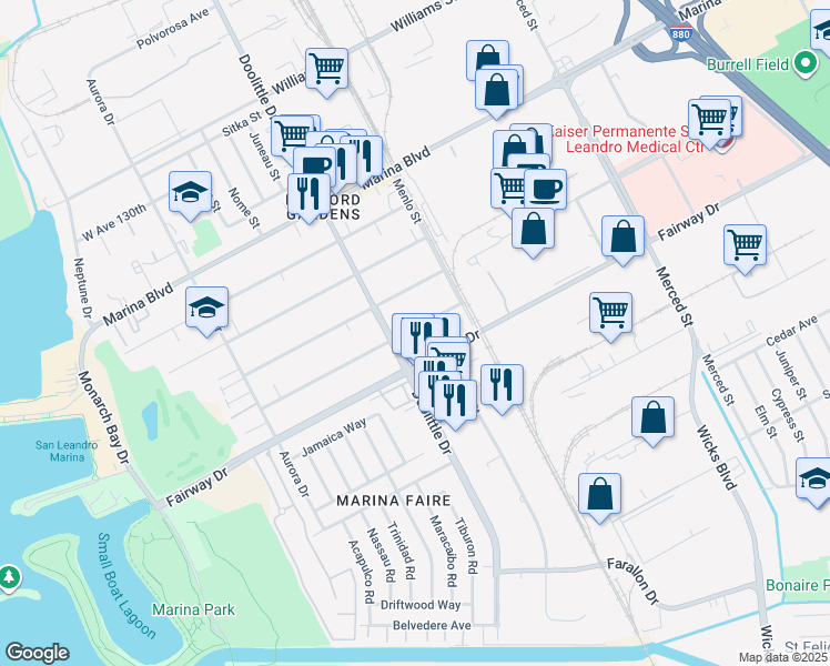 map of restaurants, bars, coffee shops, grocery stores, and more near 2136 West Avenue 136th in San Leandro
