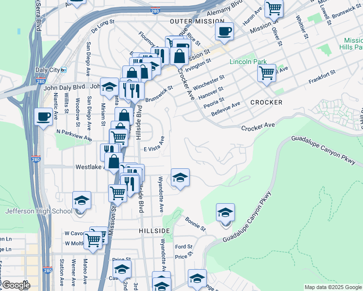 map of restaurants, bars, coffee shops, grocery stores, and more near 323 Green Ridge Drive in Daly City