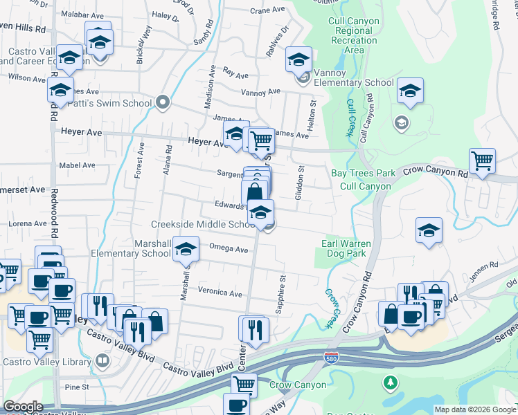 map of restaurants, bars, coffee shops, grocery stores, and more near 19597 Center Street in Castro Valley