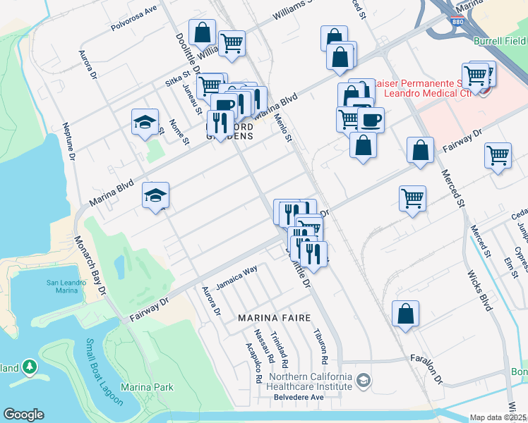 map of restaurants, bars, coffee shops, grocery stores, and more near 13545 Doolittle Drive in San Leandro