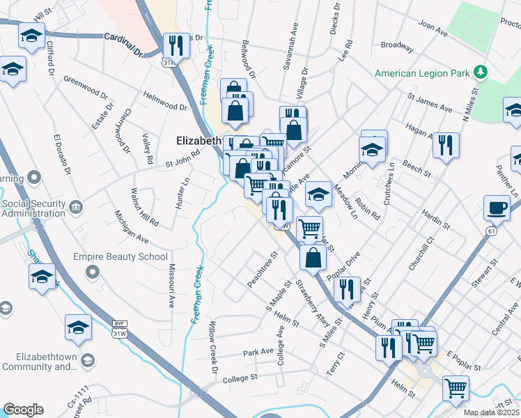 map of restaurants, bars, coffee shops, grocery stores, and more near 508 West Dixie Avenue in Elizabethtown