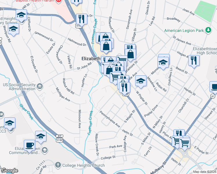 map of restaurants, bars, coffee shops, grocery stores, and more near 510A Washington Street in Elizabethtown
