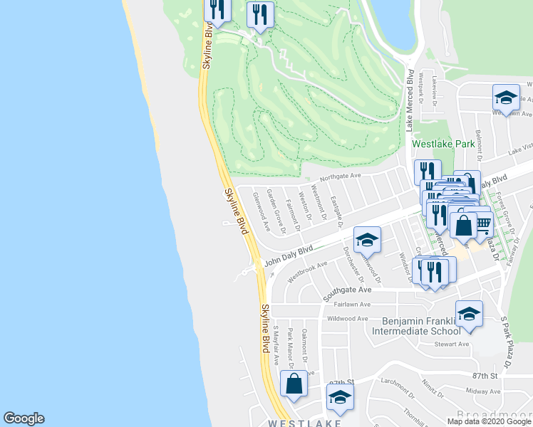 map of restaurants, bars, coffee shops, grocery stores, and more near 368 Glenwood Avenue in Daly City