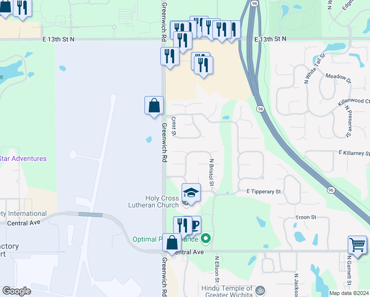 map of restaurants, bars, coffee shops, grocery stores, and more near 11304 East Killarney Circle in Wichita