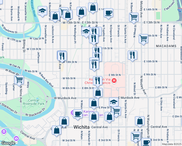 map of restaurants, bars, coffee shops, grocery stores, and more near 1018 North Market Street in Wichita