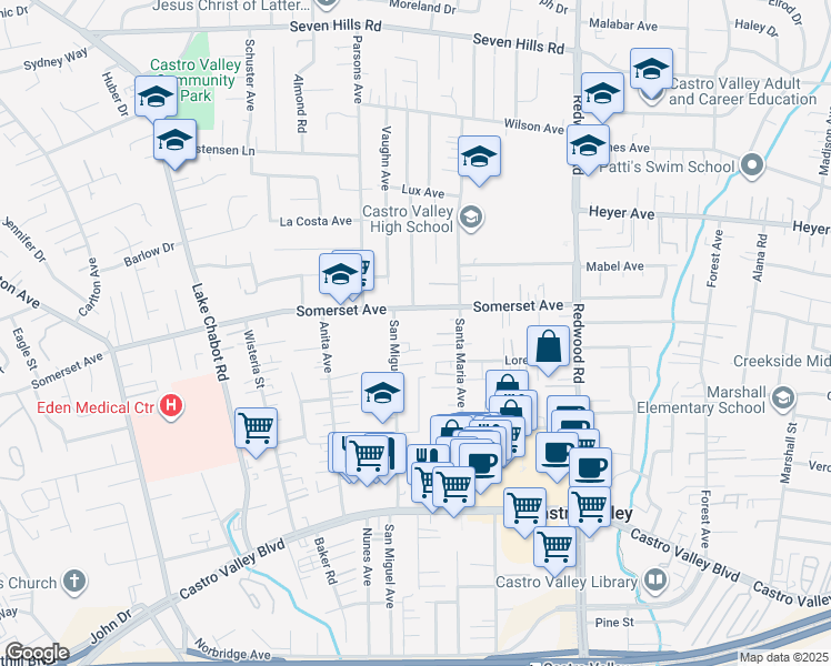 map of restaurants, bars, coffee shops, grocery stores, and more near 19826 San Miguel Avenue in Castro Valley