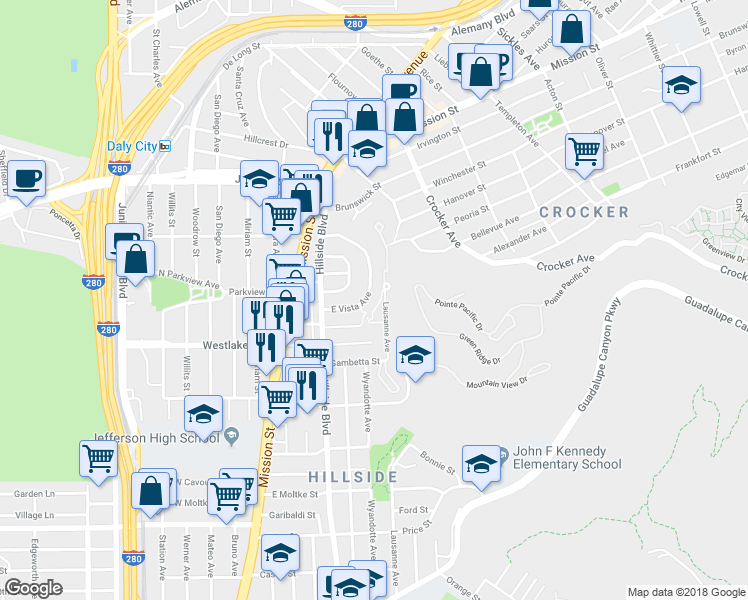 map of restaurants, bars, coffee shops, grocery stores, and more near 163 E Vista Ave in Daly City