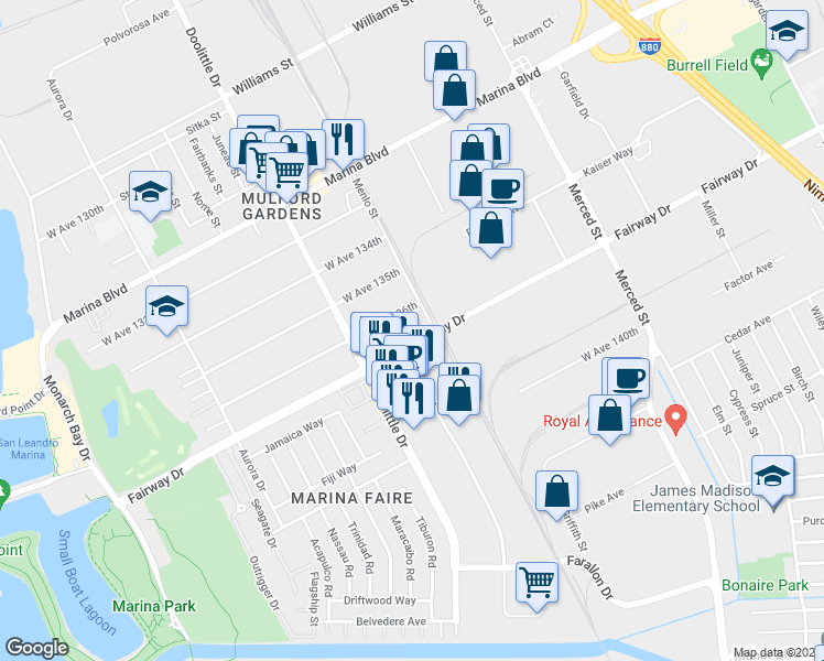 map of restaurants, bars, coffee shops, grocery stores, and more near 2027 Fairway Drive in San Leandro
