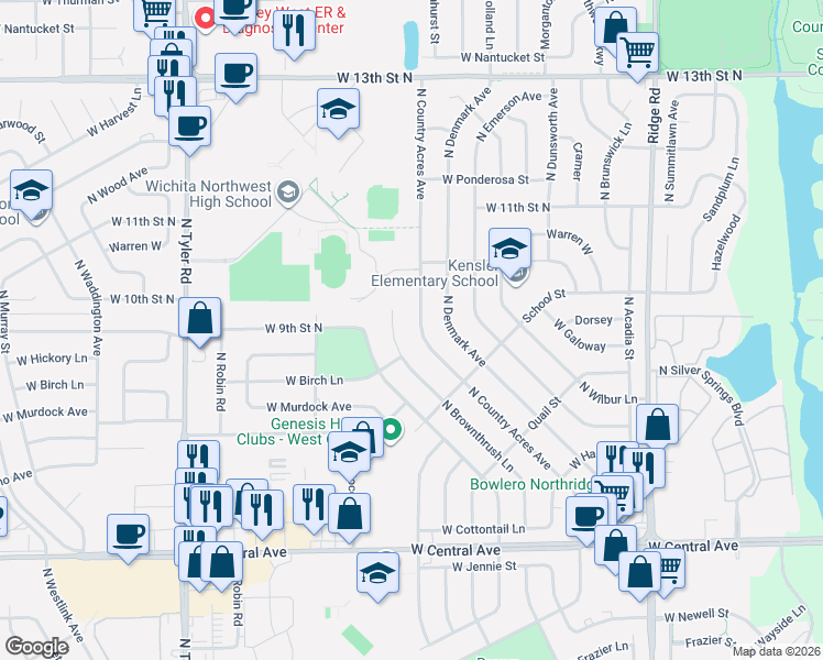 map of restaurants, bars, coffee shops, grocery stores, and more near 993 North Country Acres Avenue in Wichita