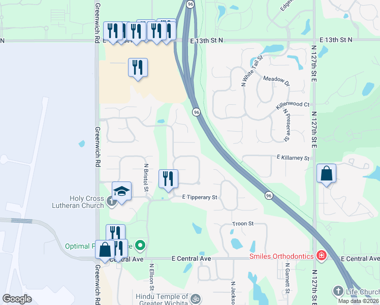 map of restaurants, bars, coffee shops, grocery stores, and more near 11824 East Killarney Street in Wichita