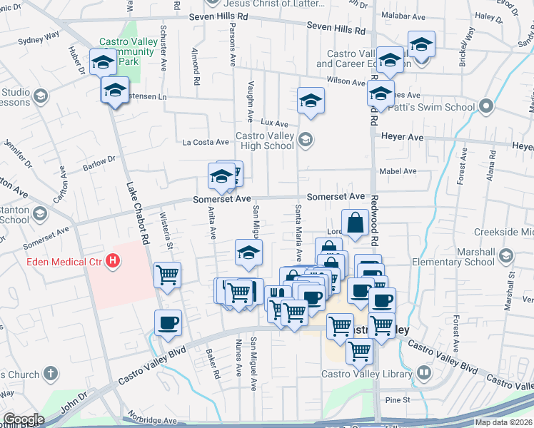 map of restaurants, bars, coffee shops, grocery stores, and more near 19826 San Miguel Avenue in Castro Valley