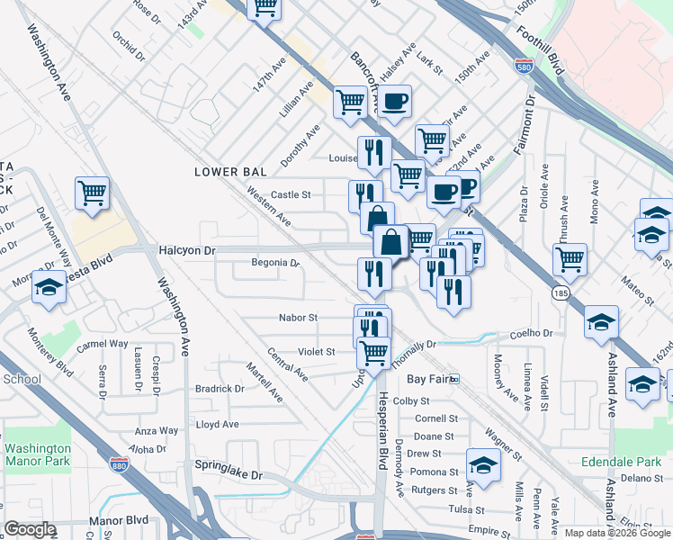 map of restaurants, bars, coffee shops, grocery stores, and more near 1081 Adason Drive in San Leandro