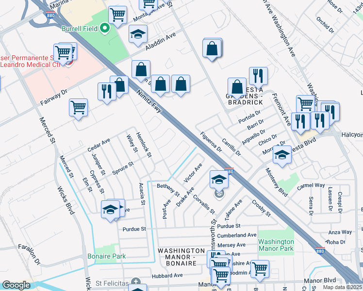 map of restaurants, bars, coffee shops, grocery stores, and more near 14631 Rollins Street in San Leandro