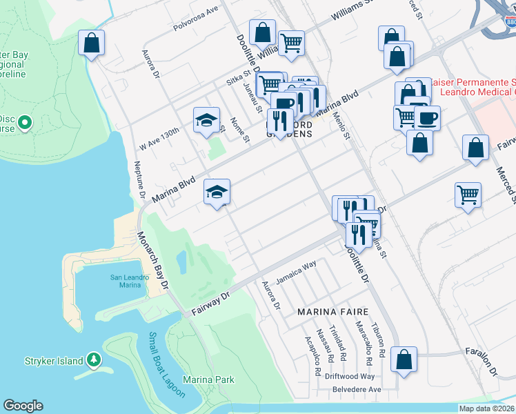 map of restaurants, bars, coffee shops, grocery stores, and more near 2440 West Avenue 134th in San Leandro