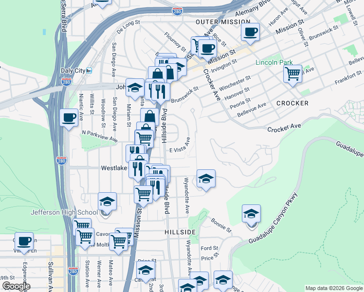 map of restaurants, bars, coffee shops, grocery stores, and more near 163 East Vista Avenue in Daly City
