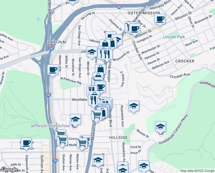 map of restaurants, bars, coffee shops, grocery stores, and more near 27 Beta Avenue in Daly City