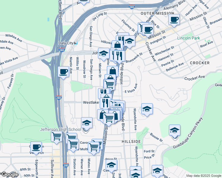 map of restaurants, bars, coffee shops, grocery stores, and more near 21 Parkview Avenue in Daly City