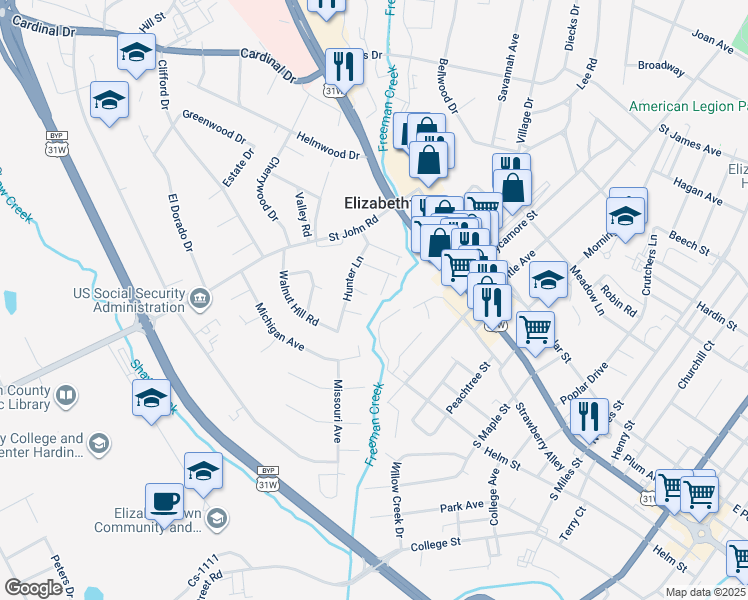map of restaurants, bars, coffee shops, grocery stores, and more near 106 Cs-1561 in Elizabethtown