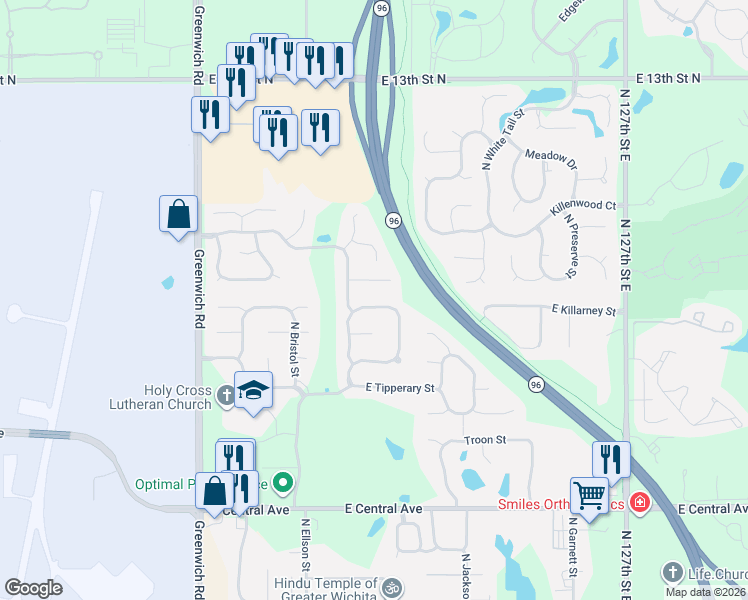 map of restaurants, bars, coffee shops, grocery stores, and more near 11824 East Killarney Street in Wichita