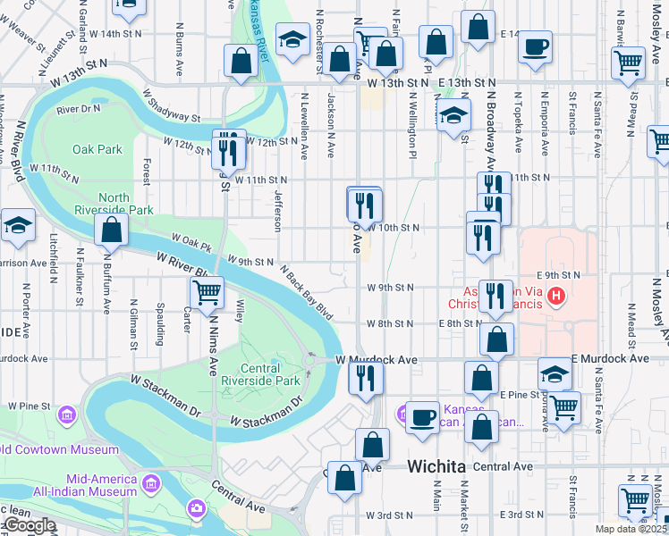 map of restaurants, bars, coffee shops, grocery stores, and more near 405 West 9th Street North in Wichita