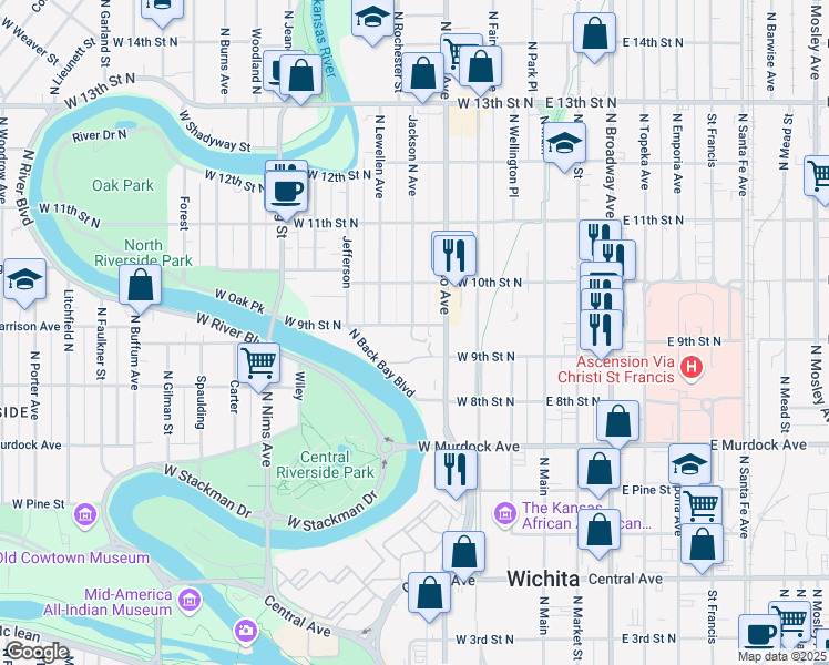 map of restaurants, bars, coffee shops, grocery stores, and more near 405 West 9th Street North in Wichita