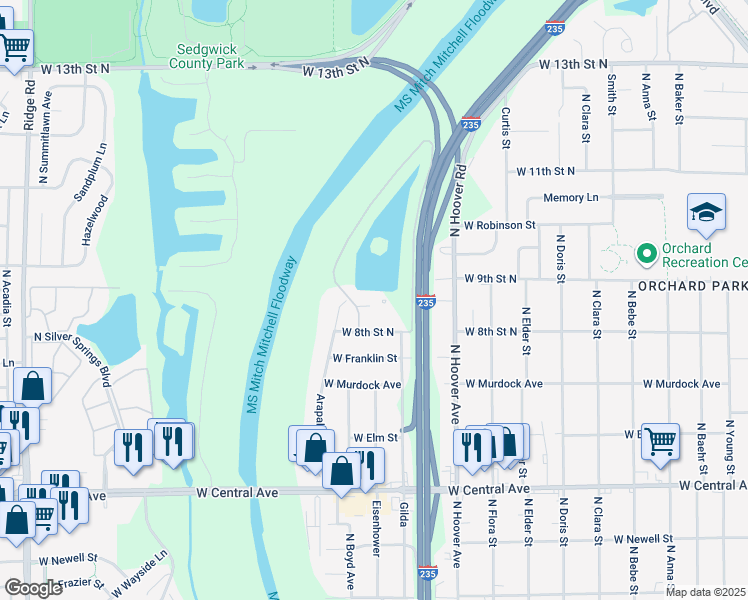 map of restaurants, bars, coffee shops, grocery stores, and more near 900 North Bayshore Drive in Wichita