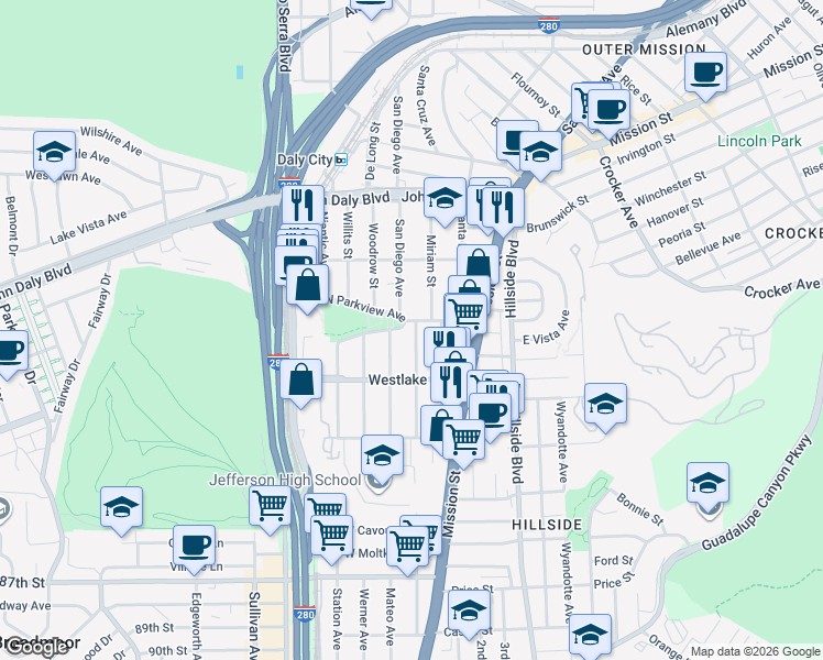 map of restaurants, bars, coffee shops, grocery stores, and more near 201 Parkview Avenue in Daly City