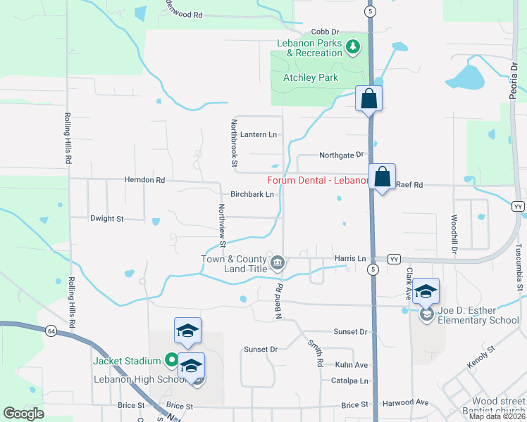 map of restaurants, bars, coffee shops, grocery stores, and more near 604 Hunters Creek Drive in Lebanon