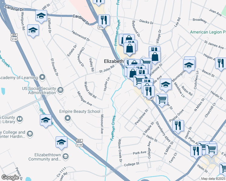 map of restaurants, bars, coffee shops, grocery stores, and more near 106 Cs-1561 in Elizabethtown